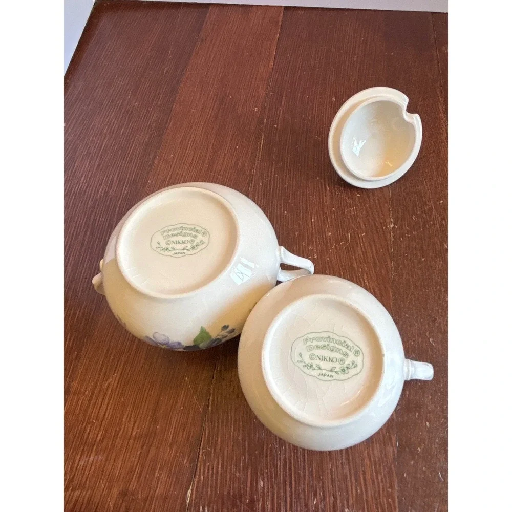 Floral Ceramic Creamer and Lidded Sugar Bowl Set Cream Blue Pink Flowers